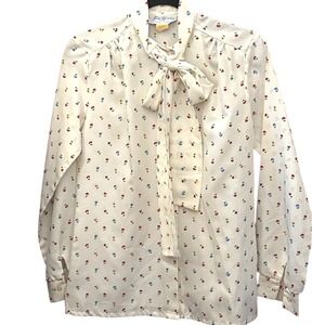 70s Lady Holiday Floral Bow Blouse Cottagecore Librarian Retro Secretary